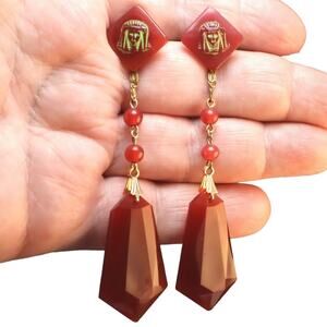Egyptian Revival Pharaoh Coral Glass Dangling Earrings